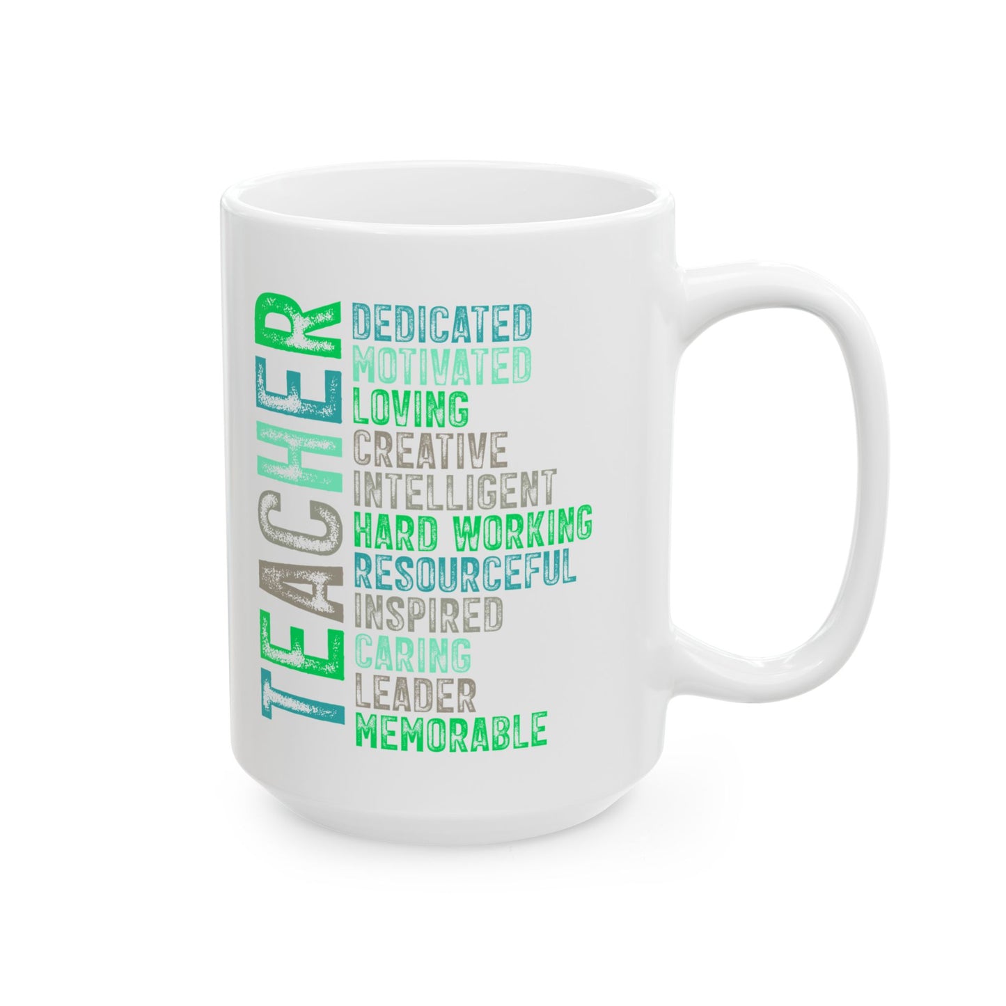 Green Teacher Ceramic Mug — "Teacher" Vertical Design, Appreciation Gift for Educators (11oz, 15oz)
