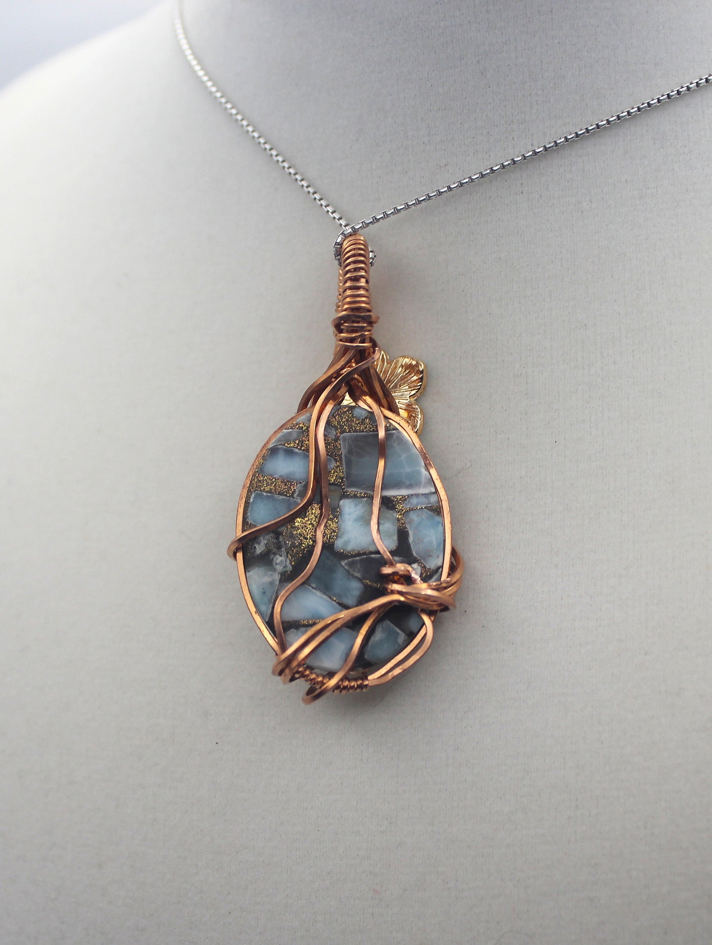 Raw Copper Larimar in Copper Composite Flower Charmed Pendant Necklace