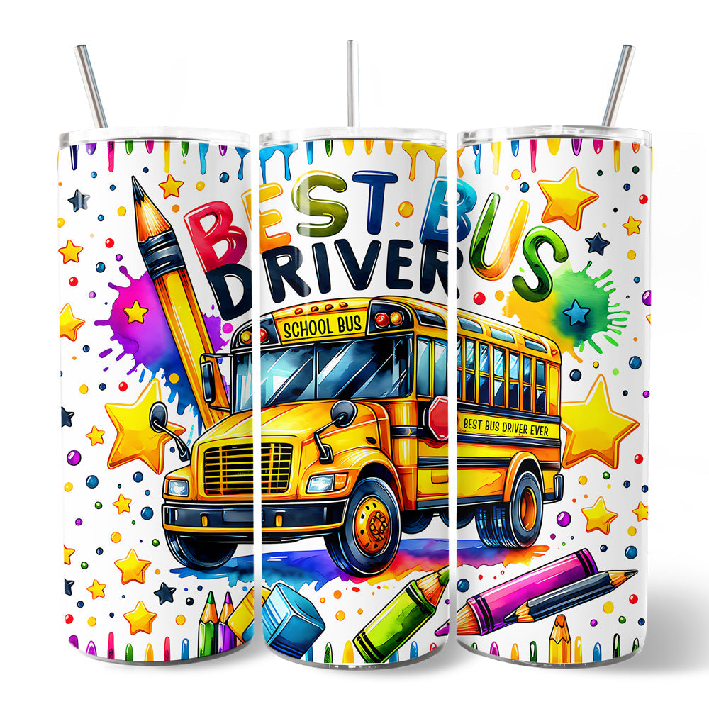 Colorful Best Bus Driver 20oz Personalized Tumbler With Lid and Stainless Steel Straw, School Staff Appreciation Gift Cup