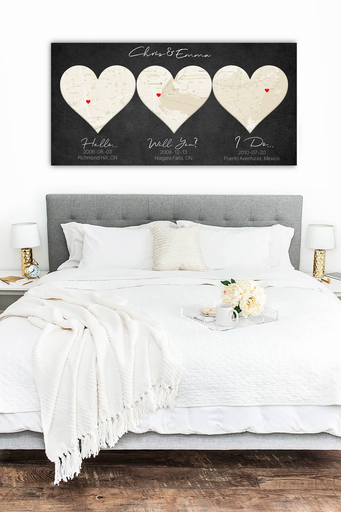 Ivory Custom 3 Heart Map - 14th Anniversary Gift