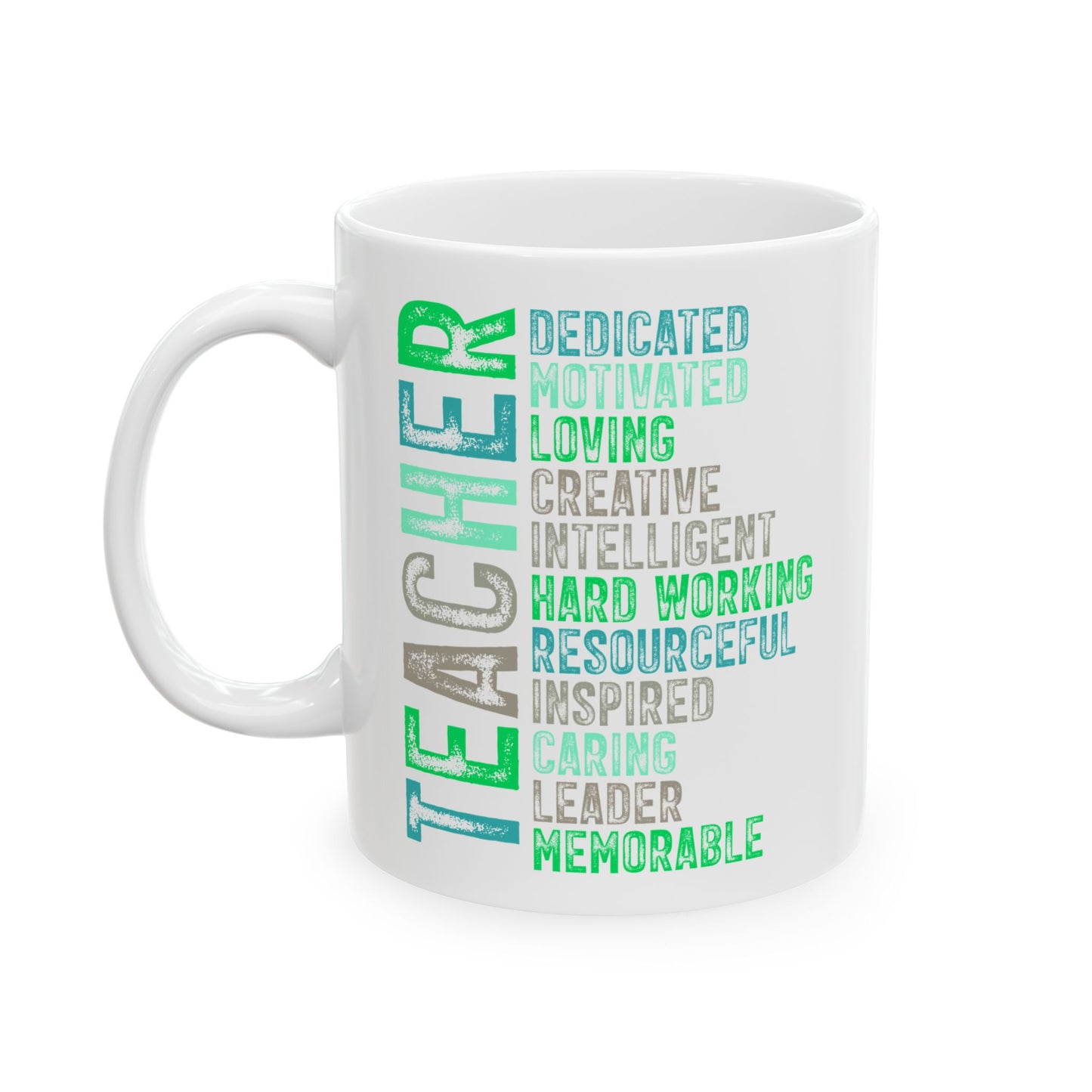 Green Teacher Ceramic Mug — "Teacher" Vertical Design, Appreciation Gift for Educators (11oz, 15oz)