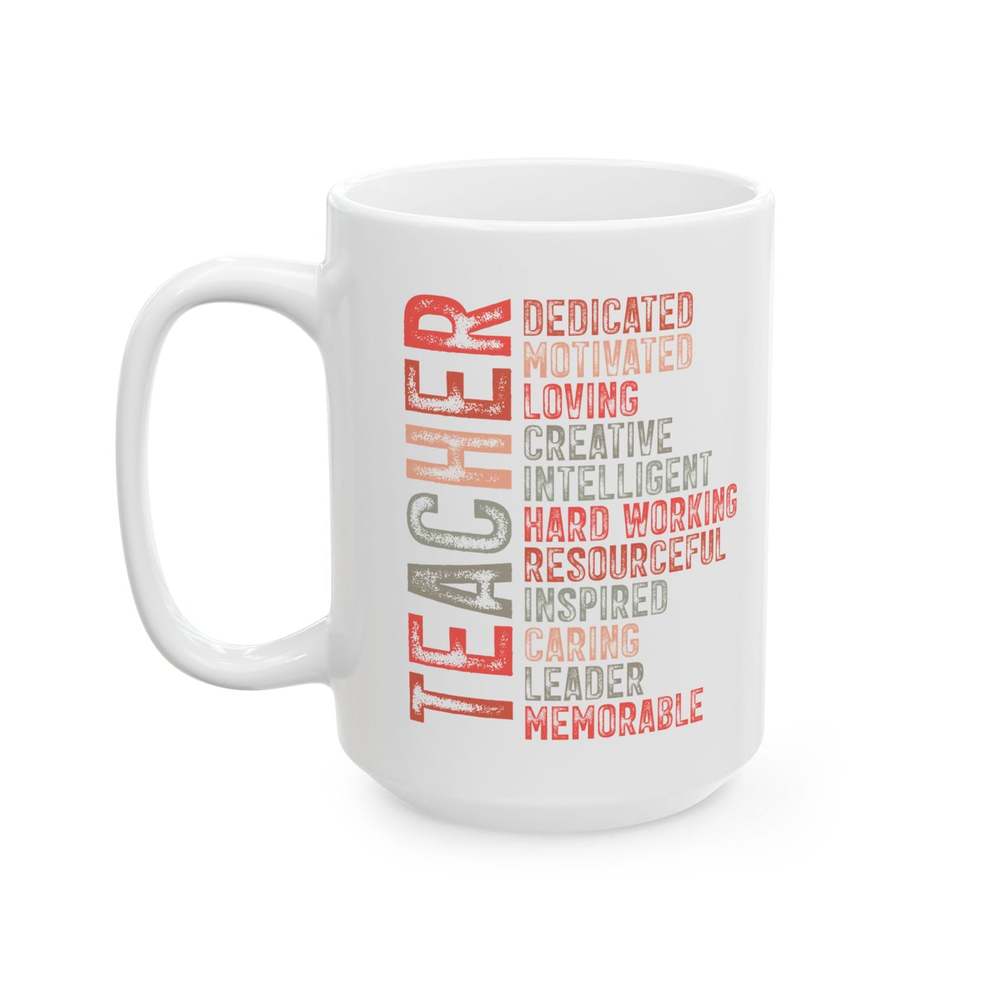 Red Teacher Ceramic Mug — "Teacher" Vertical Design, Appreciation Gift for Educators (11oz, 15oz)