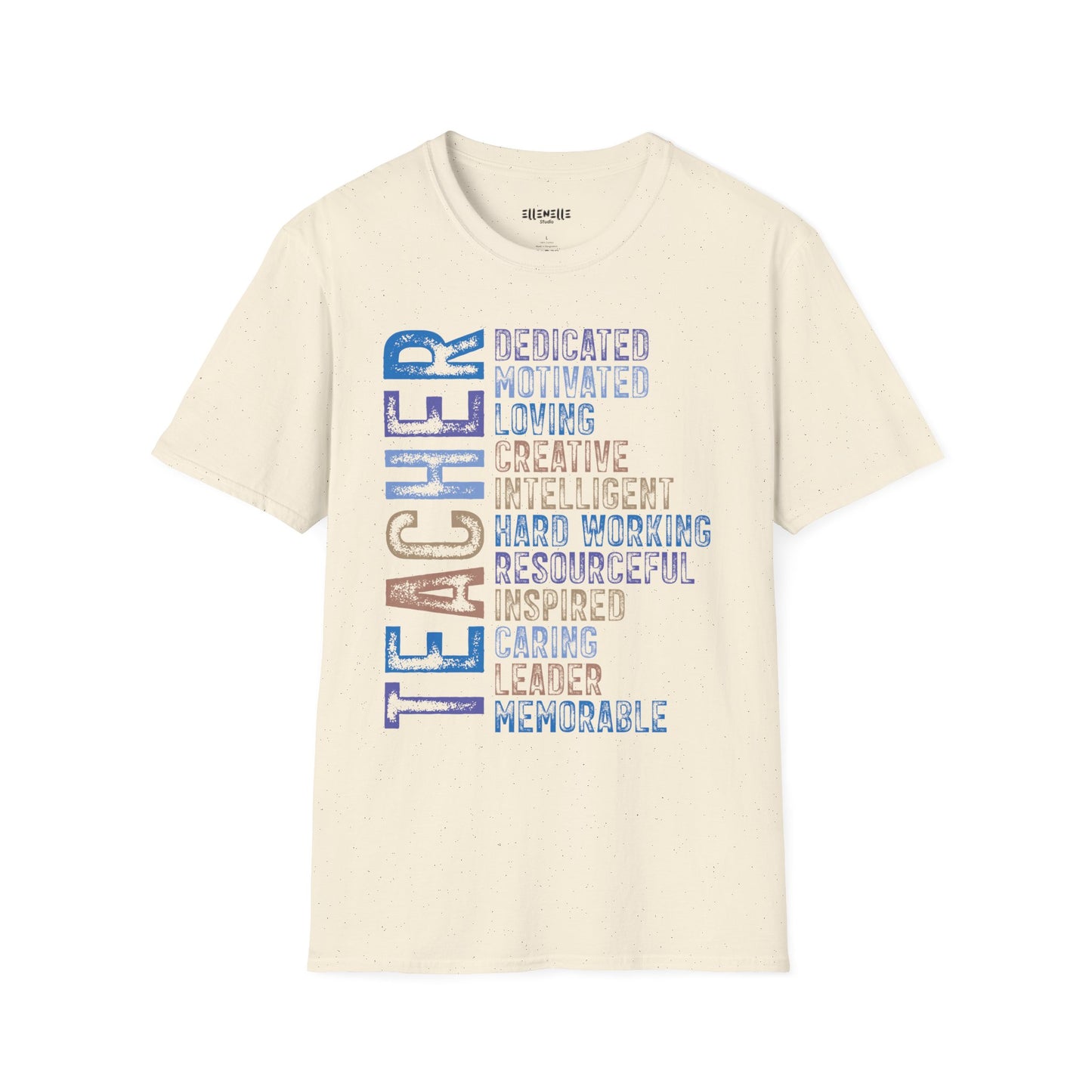 Blue Teacher Vertical Traits T-Shirt — 'Teacher' with Dedicated, Motivated, Loving & Hard Working
