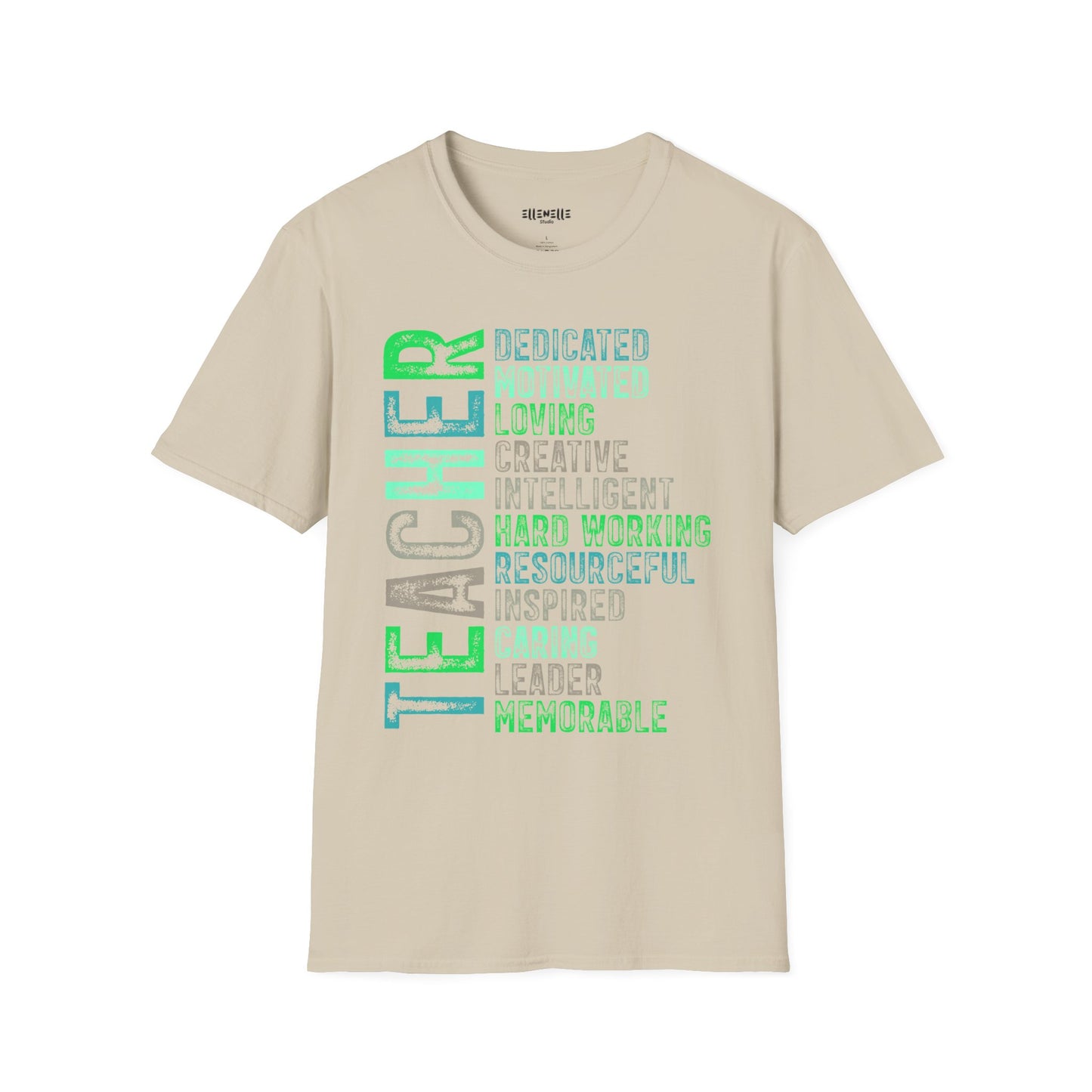Green Teacher Vertical Traits T-Shirt — 'Teacher' with Dedicated, Motivated, Loving & Hard Working