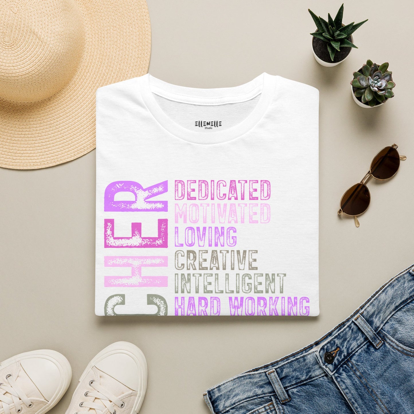 Purple Teacher Vertical Traits T-Shirt — 'Teacher' with Dedicated, Motivated, Loving & Hard Working