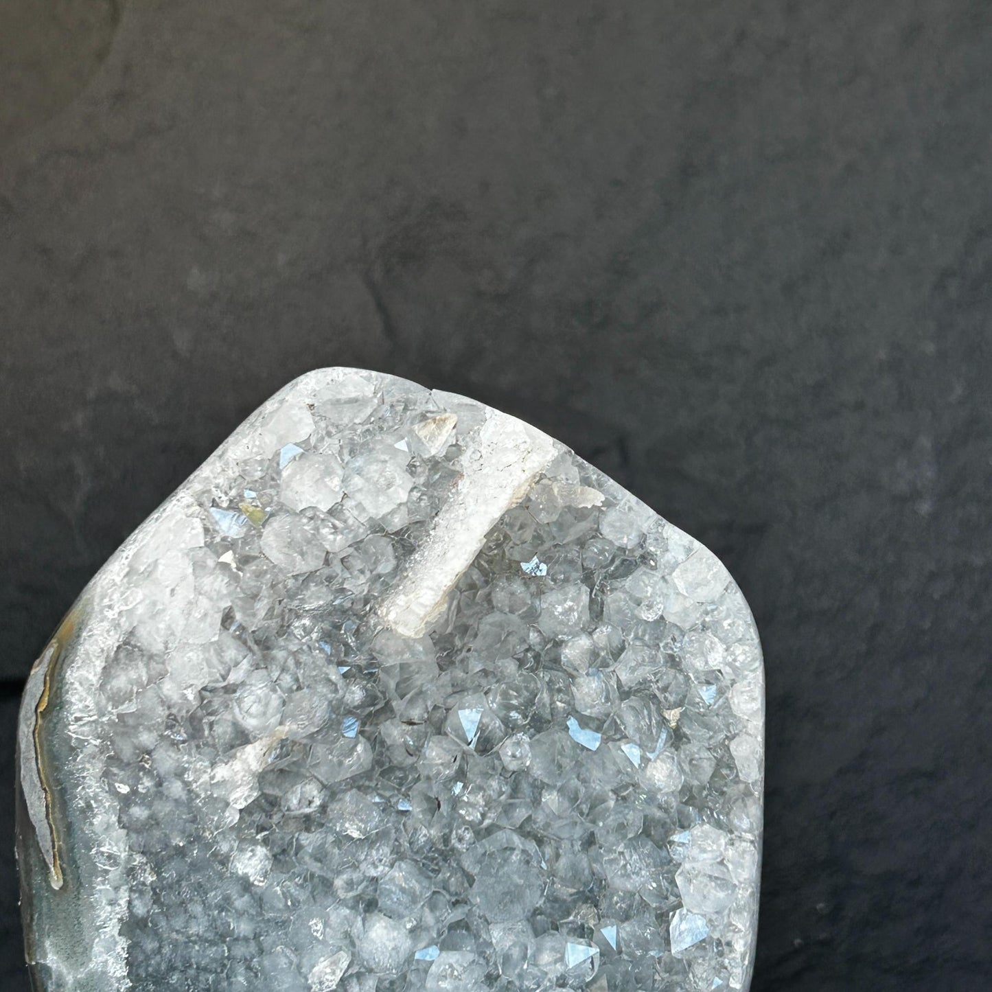 10 Inch White Quartz Geode Cave On Metallic Base