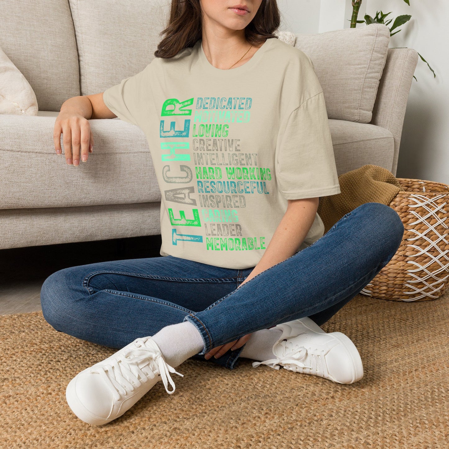 Green Teacher Vertical Traits T-Shirt — 'Teacher' with Dedicated, Motivated, Loving & Hard Working