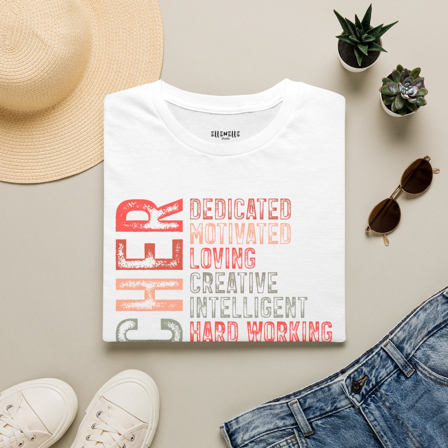 Red Teacher Vertical Traits T-Shirt — 'Teacher' with Dedicated, Motivated, Loving & Hard Working