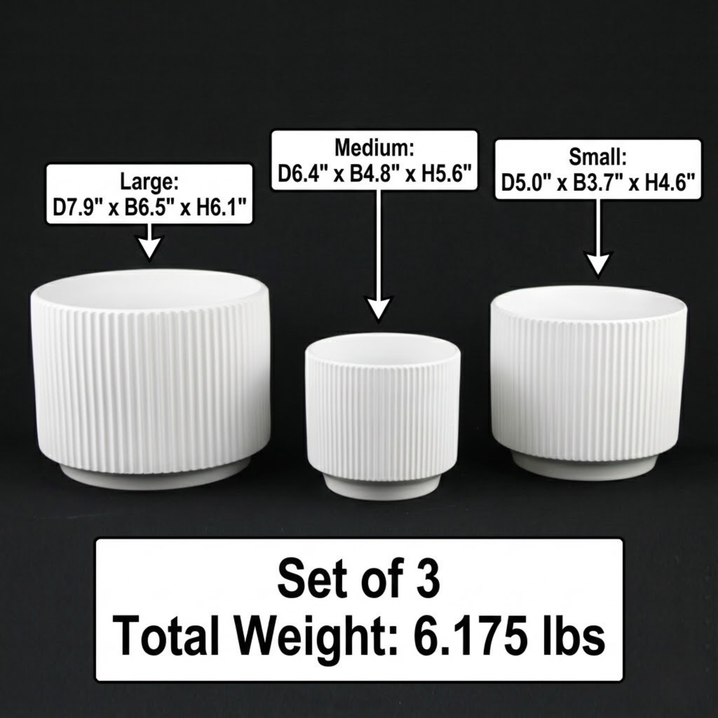 3-Piece White Stoneware Planter Pot Set with Ribbed Texture