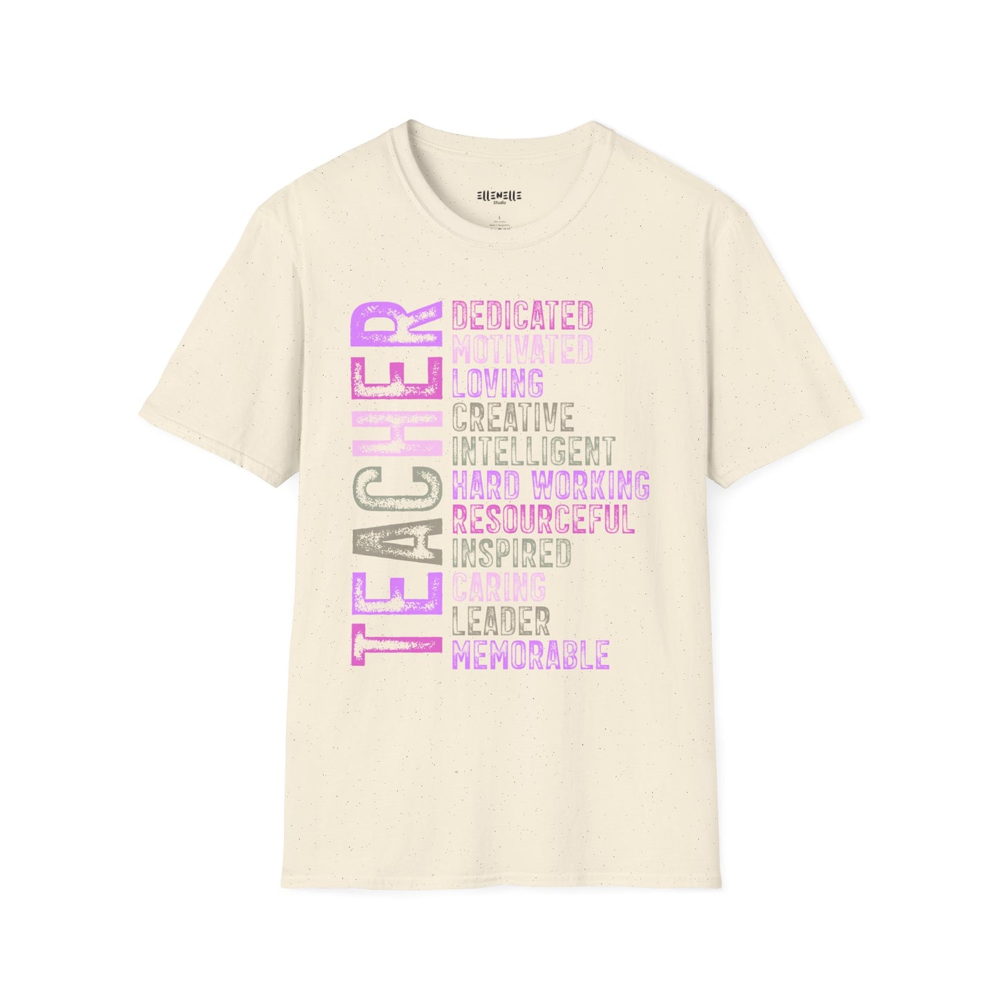 Purple Teacher Vertical Traits T-Shirt — 'Teacher' with Dedicated, Motivated, Loving & Hard Working