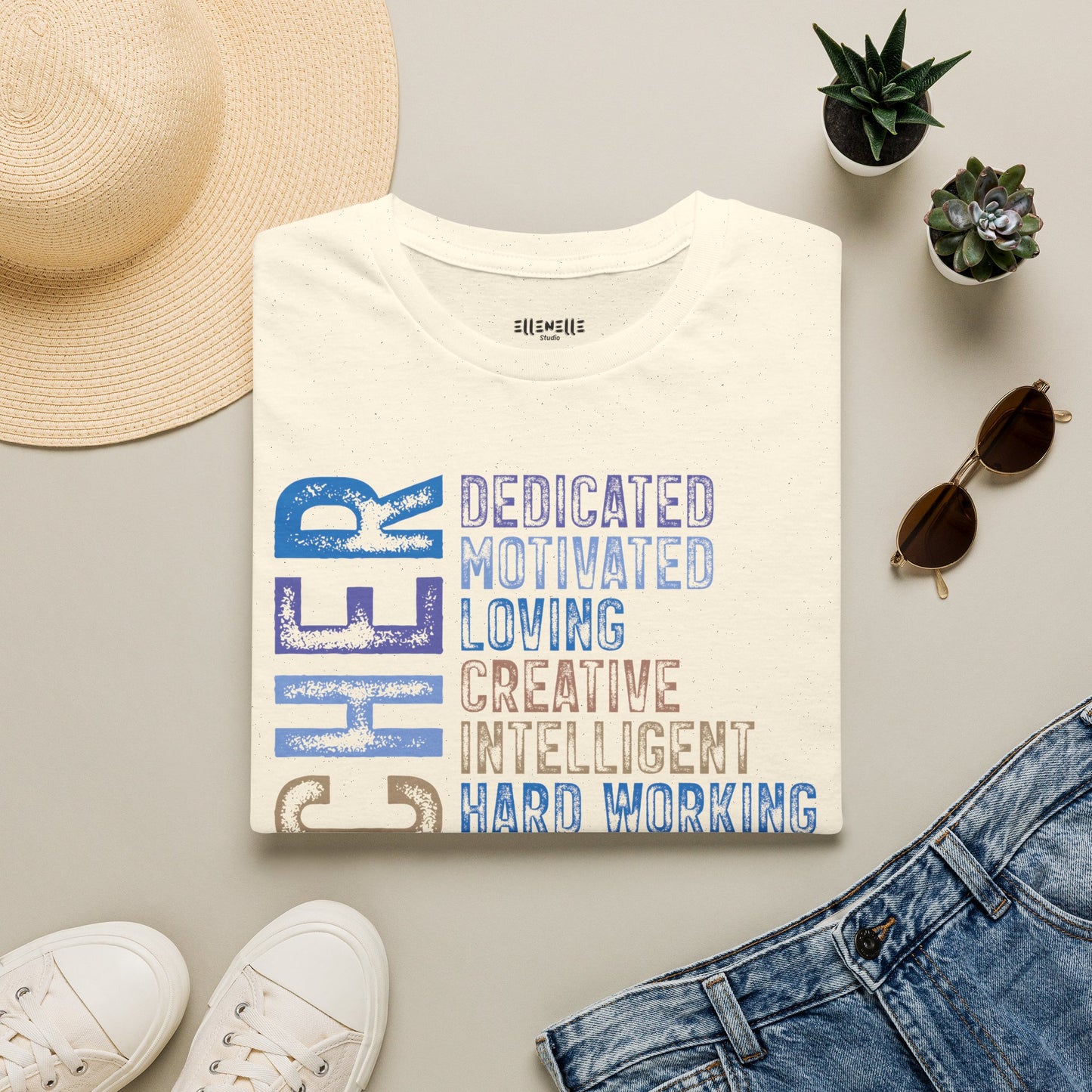 Blue Teacher Vertical Traits T-Shirt — 'Teacher' with Dedicated, Motivated, Loving & Hard Working