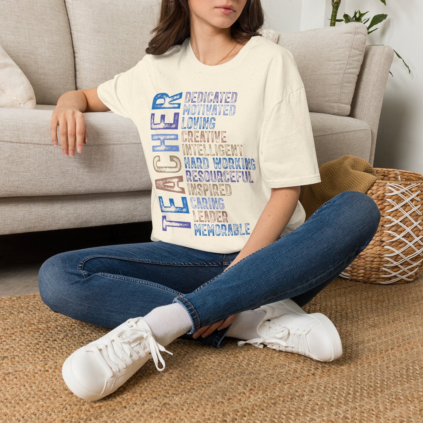 Blue Teacher Vertical Traits T-Shirt — 'Teacher' with Dedicated, Motivated, Loving & Hard Working