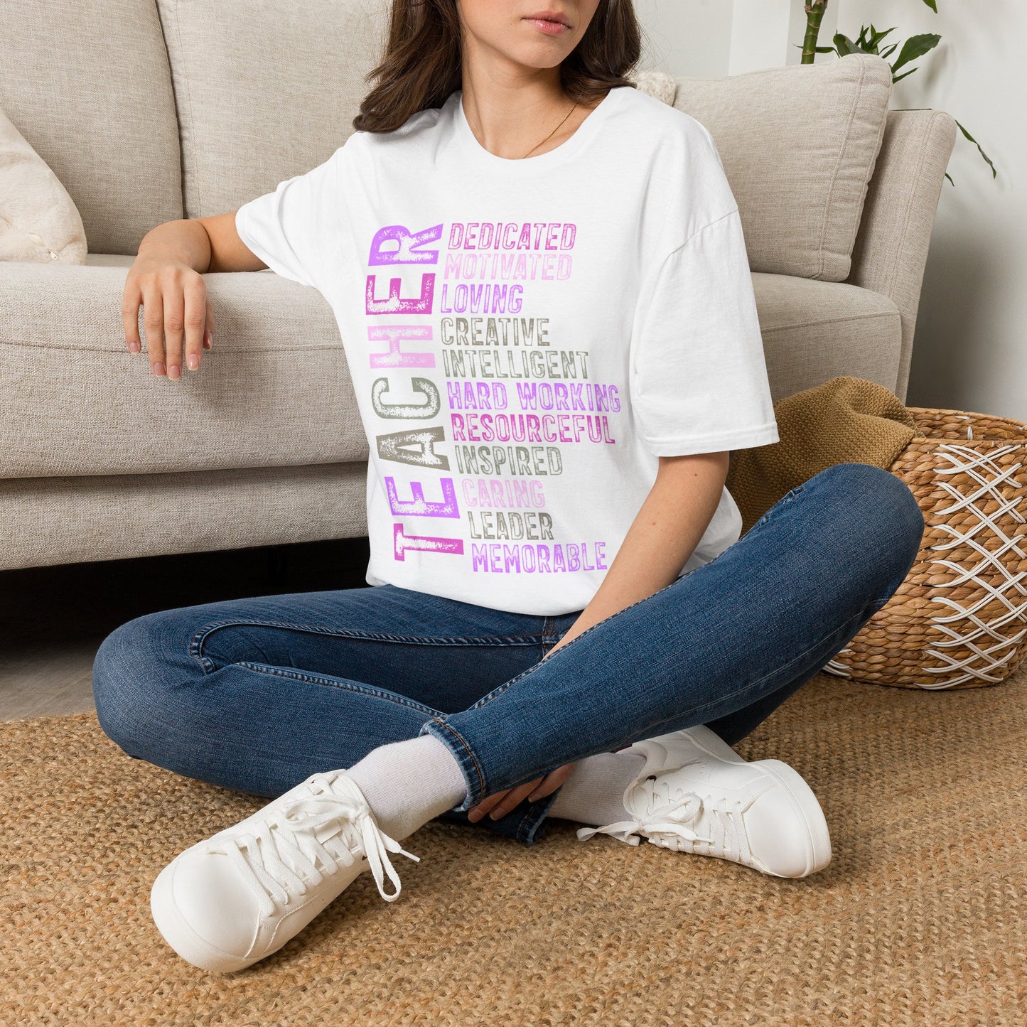 Purple Teacher Vertical Traits T-Shirt — 'Teacher' with Dedicated, Motivated, Loving & Hard Working