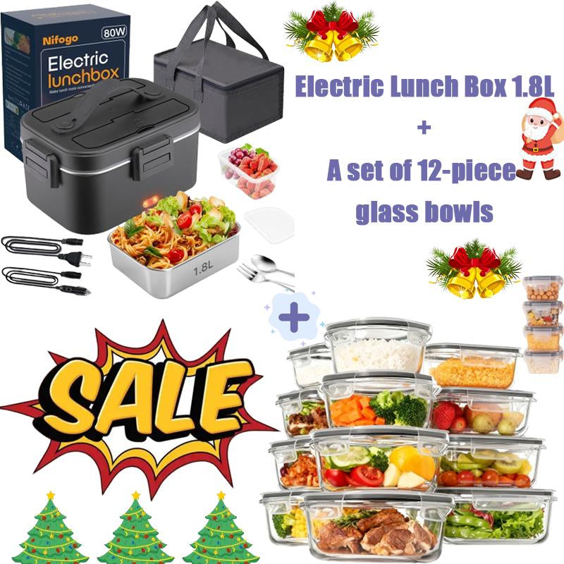 Electric Lunch Box 80W 1.5L Stainless Steel Bento Warmer with Indicator Light & Portable Tableware Set for Home Office Travel Food Quick Storage Fork 80W/1.5L/Black