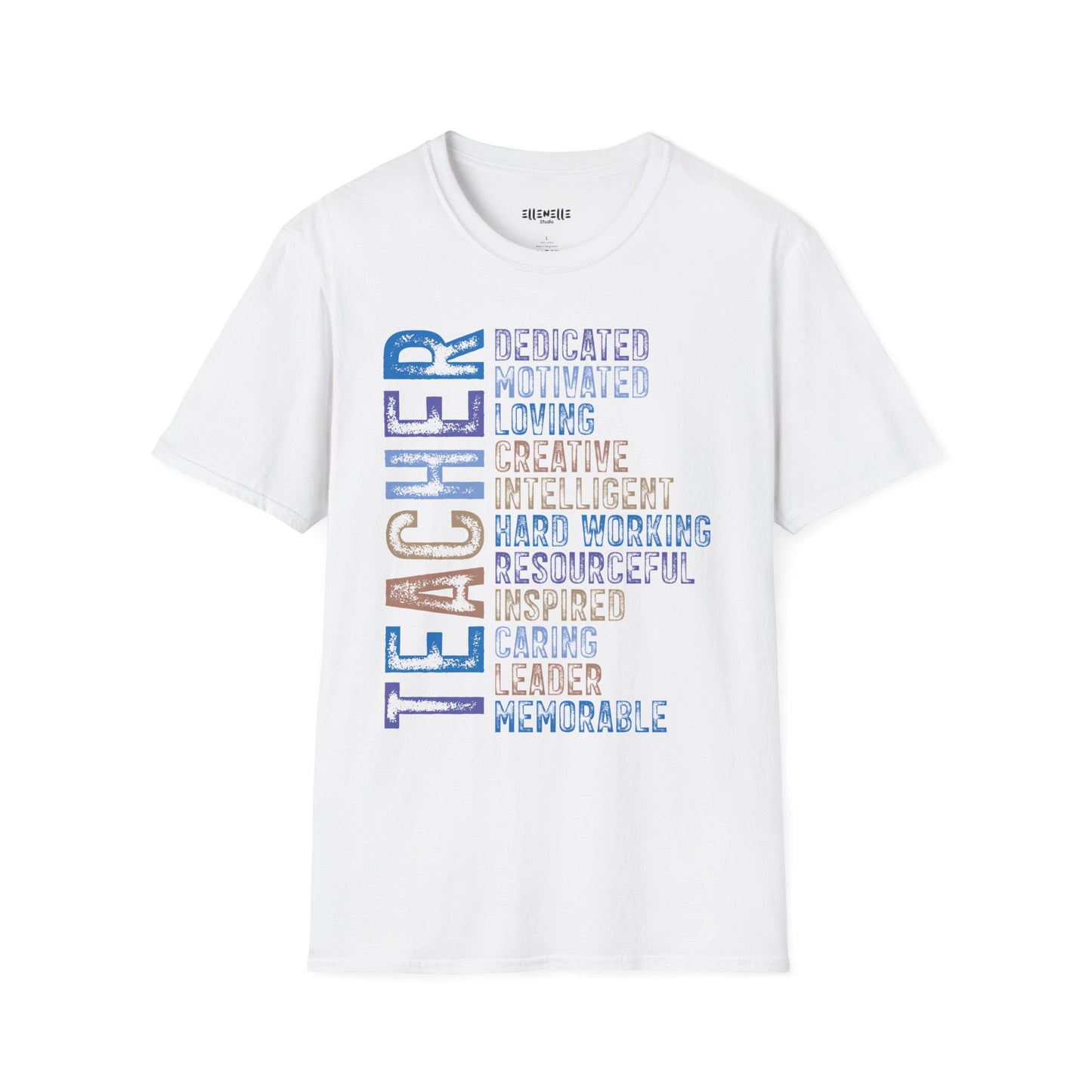 Blue Teacher Vertical Traits T-Shirt — 'Teacher' with Dedicated, Motivated, Loving & Hard Working