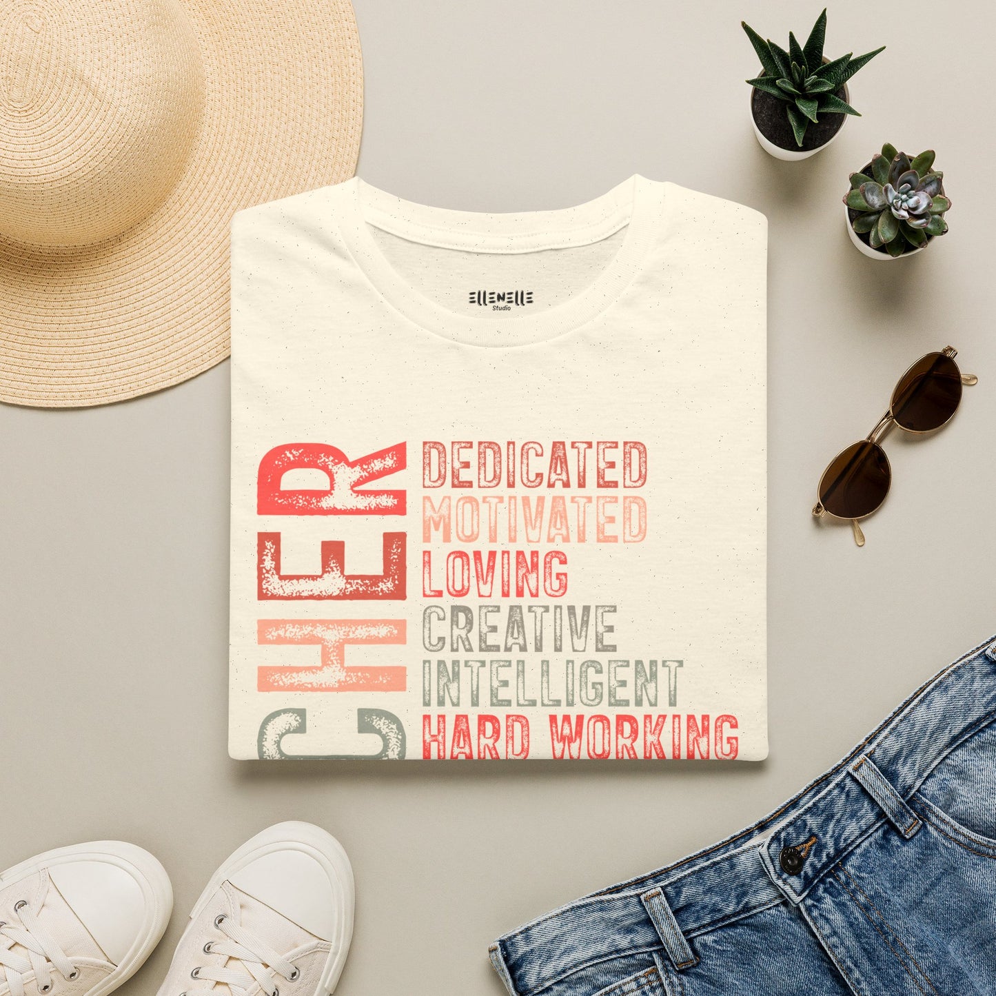 Red Teacher Vertical Traits T-Shirt — 'Teacher' with Dedicated, Motivated, Loving & Hard Working