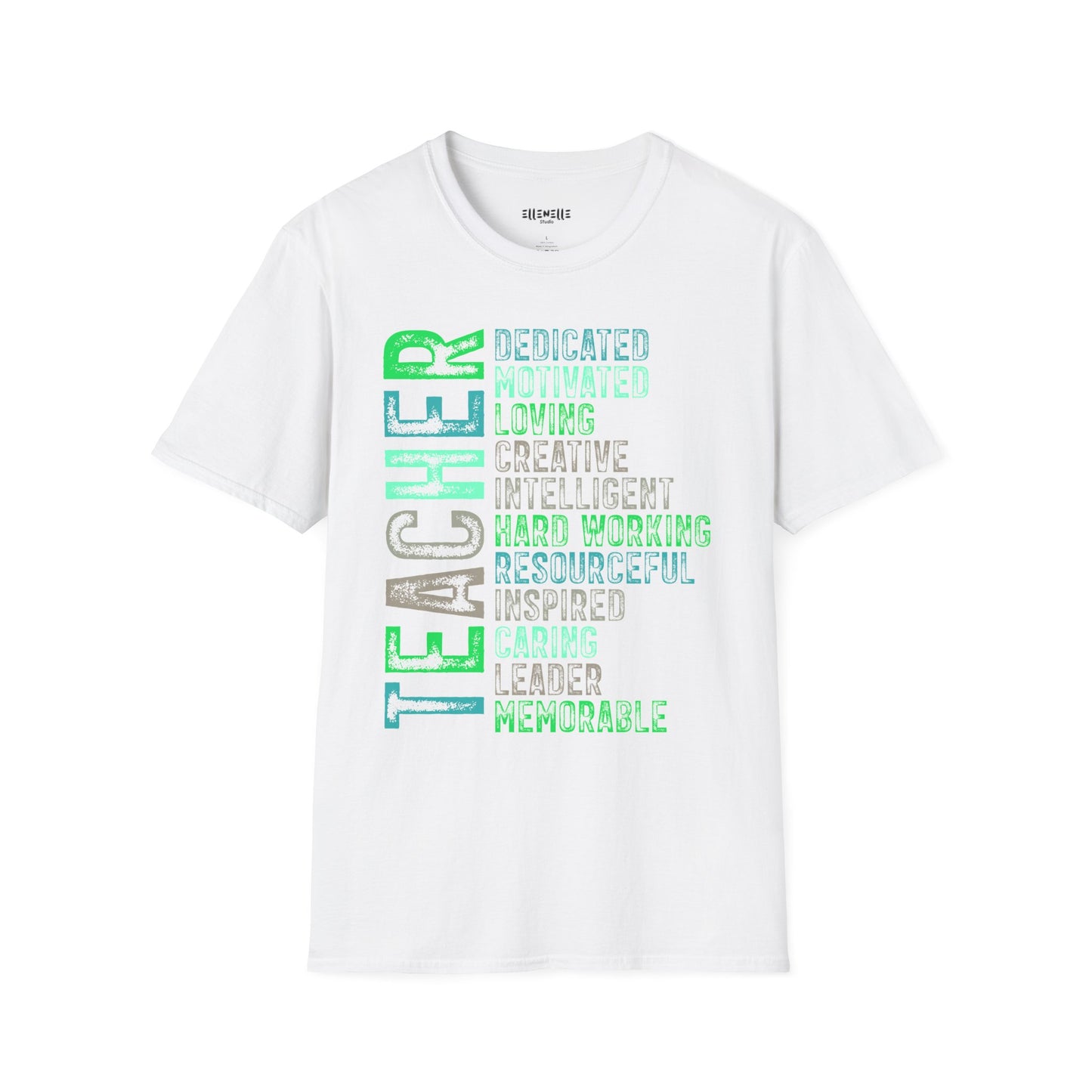 Green Teacher Vertical Traits T-Shirt — 'Teacher' with Dedicated, Motivated, Loving & Hard Working