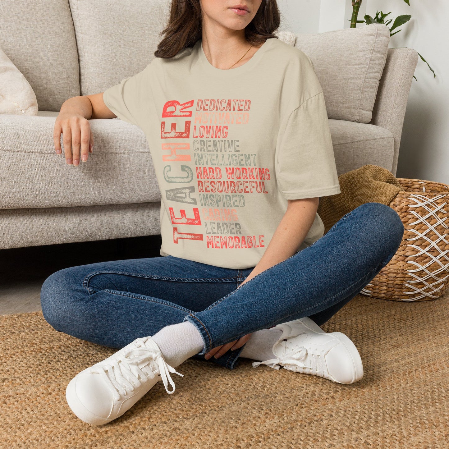 Red Teacher Vertical Traits T-Shirt — 'Teacher' with Dedicated, Motivated, Loving & Hard Working