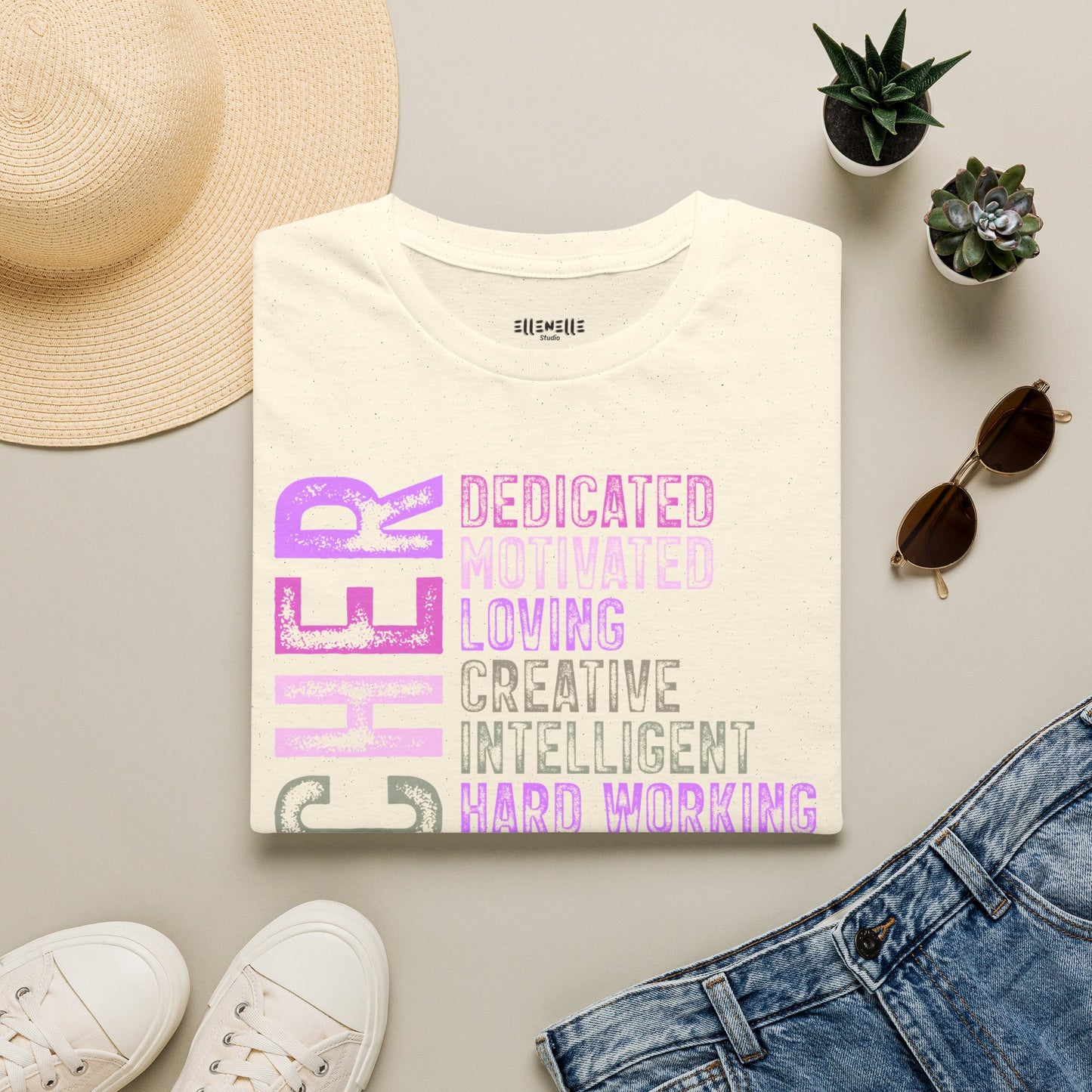 Purple Teacher Vertical Traits T-Shirt — 'Teacher' with Dedicated, Motivated, Loving & Hard Working