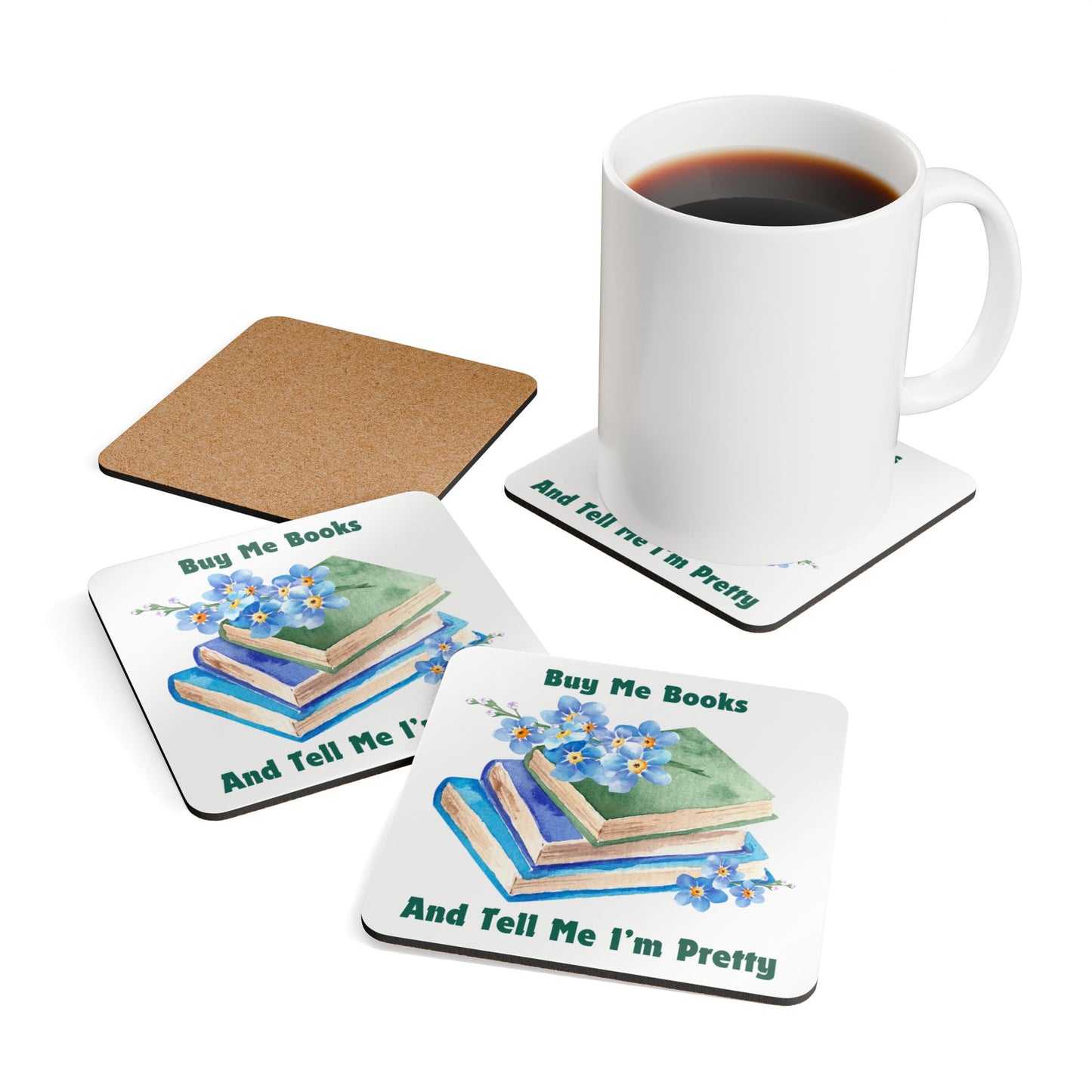 Buy Me Books Cork Coaster Set | Perfect Gift for Book Lovers, Home Decor, Reading Nook, Cozy Vibes, Coffee Table Accessory