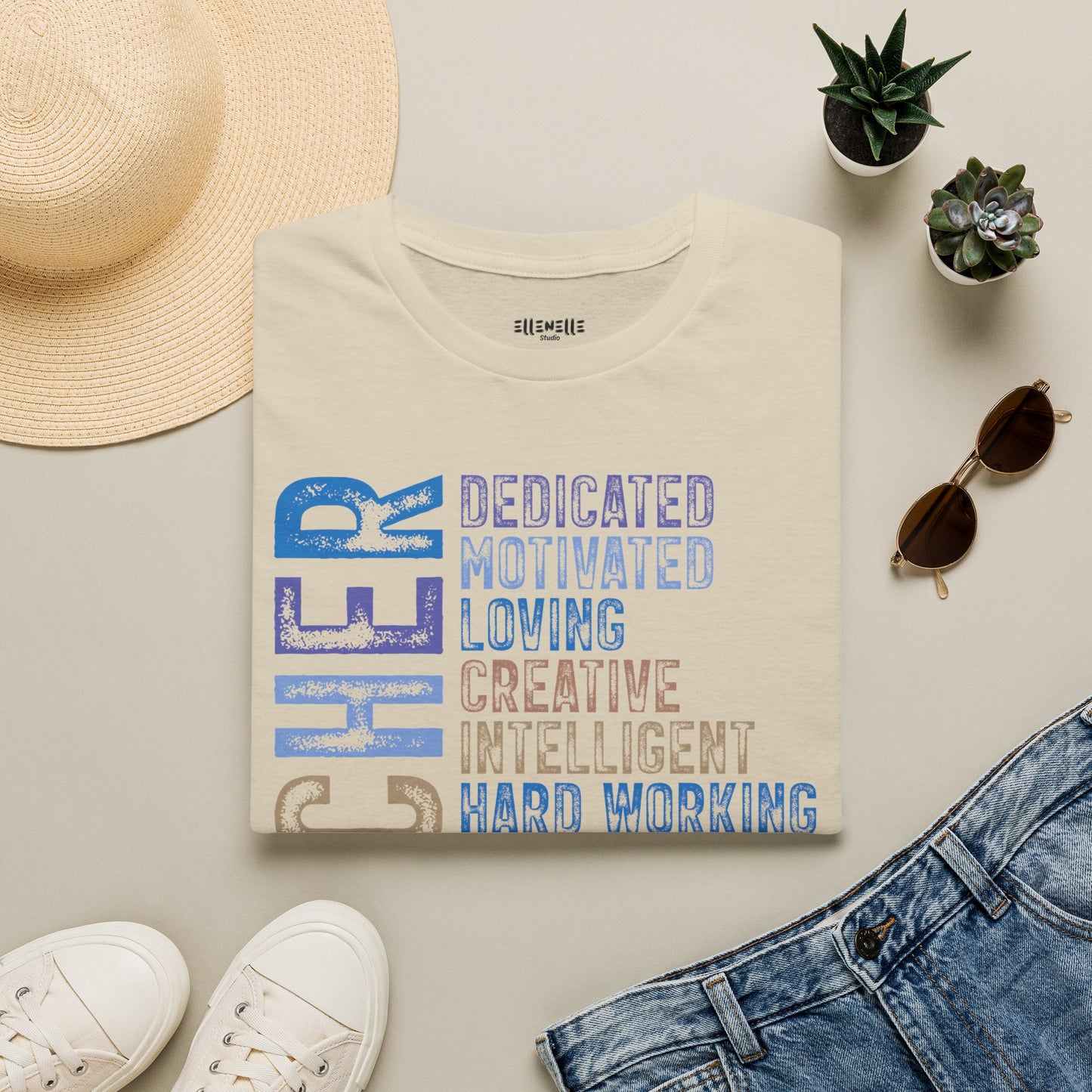 Blue Teacher Vertical Traits T-Shirt — 'Teacher' with Dedicated, Motivated, Loving & Hard Working