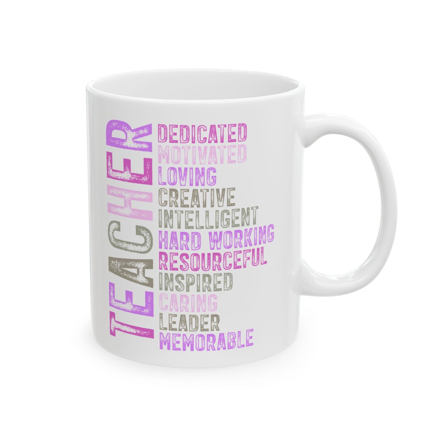 Purple Teacher Ceramic Mug — "Teacher" Vertical Design, Appreciation Gift for Educators (11oz, 15oz)