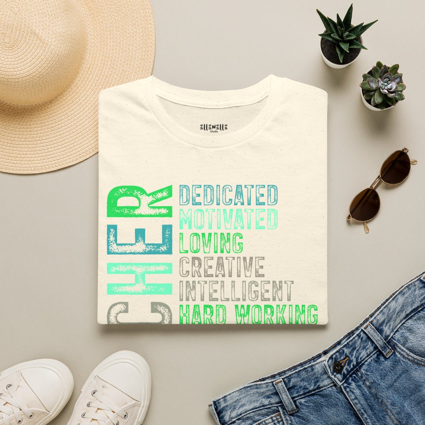 Green Teacher Vertical Traits T-Shirt — 'Teacher' with Dedicated, Motivated, Loving & Hard Working