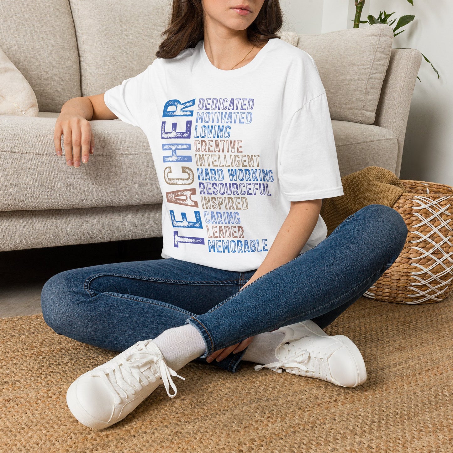 Blue Teacher Vertical Traits T-Shirt — 'Teacher' with Dedicated, Motivated, Loving & Hard Working