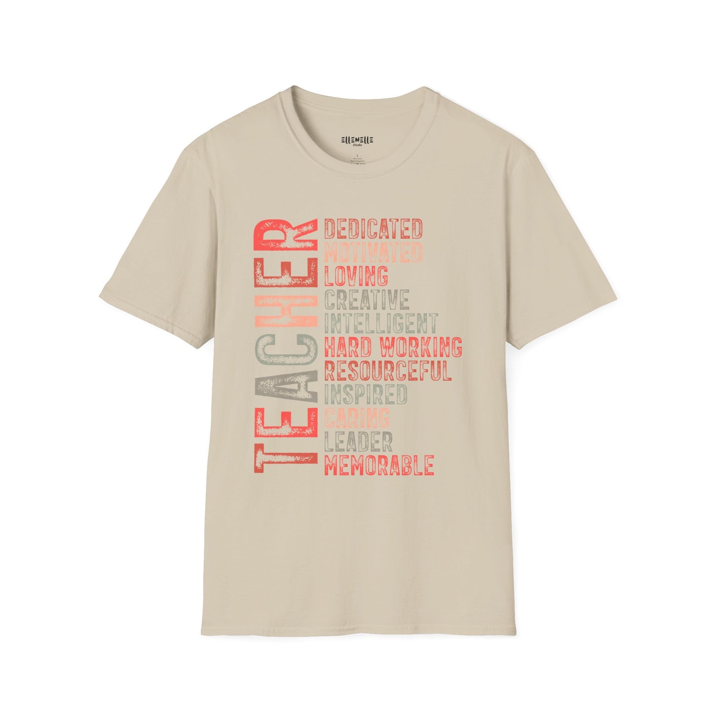 Red Teacher Vertical Traits T-Shirt — 'Teacher' with Dedicated, Motivated, Loving & Hard Working