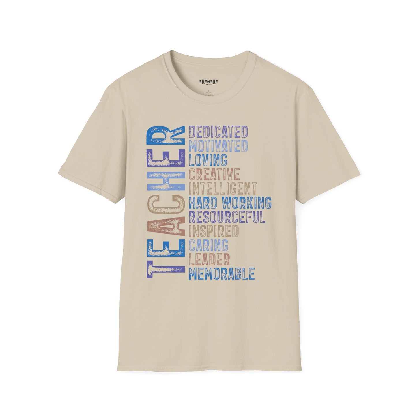 Blue Teacher Vertical Traits T-Shirt — 'Teacher' with Dedicated, Motivated, Loving & Hard Working