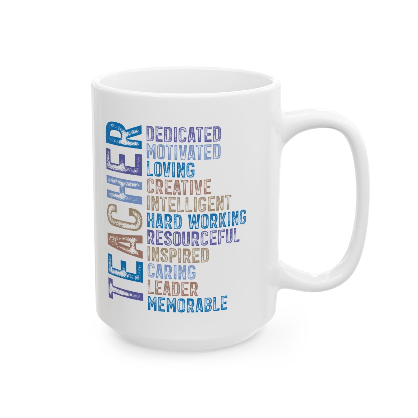 Blue Teacher Ceramic Mug — "Teacher" Vertical Design, Appreciation Gift for Educators (11oz, 15oz)