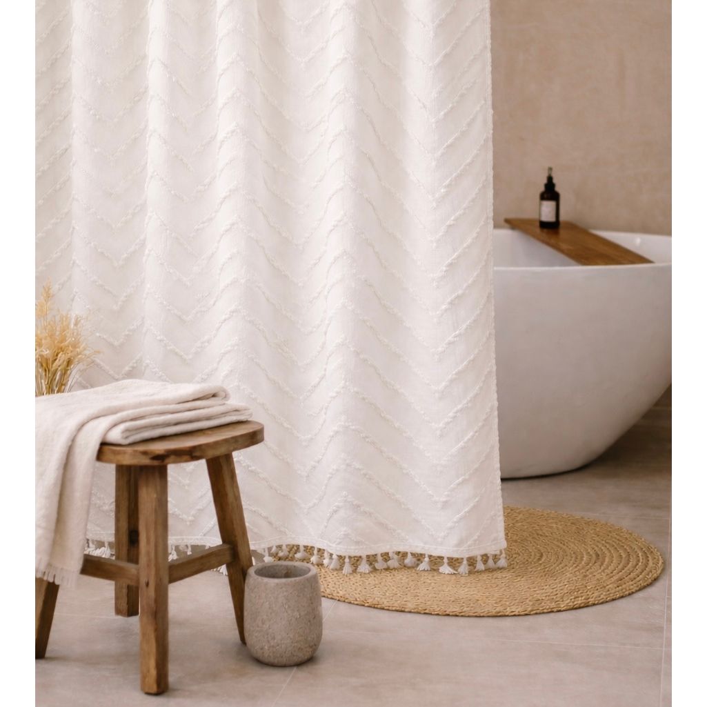 Capri Tufted Shower Curtain – Neutral Textured Hotel Style Bathroom Curtain
