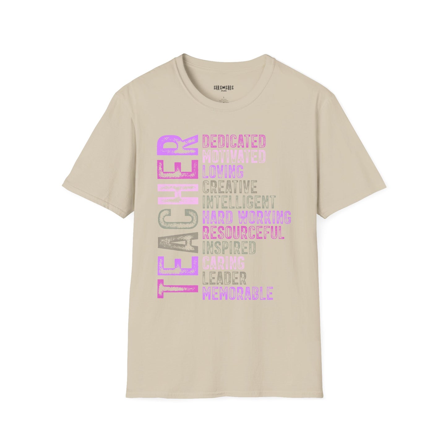 Purple Teacher Vertical Traits T-Shirt — 'Teacher' with Dedicated, Motivated, Loving & Hard Working