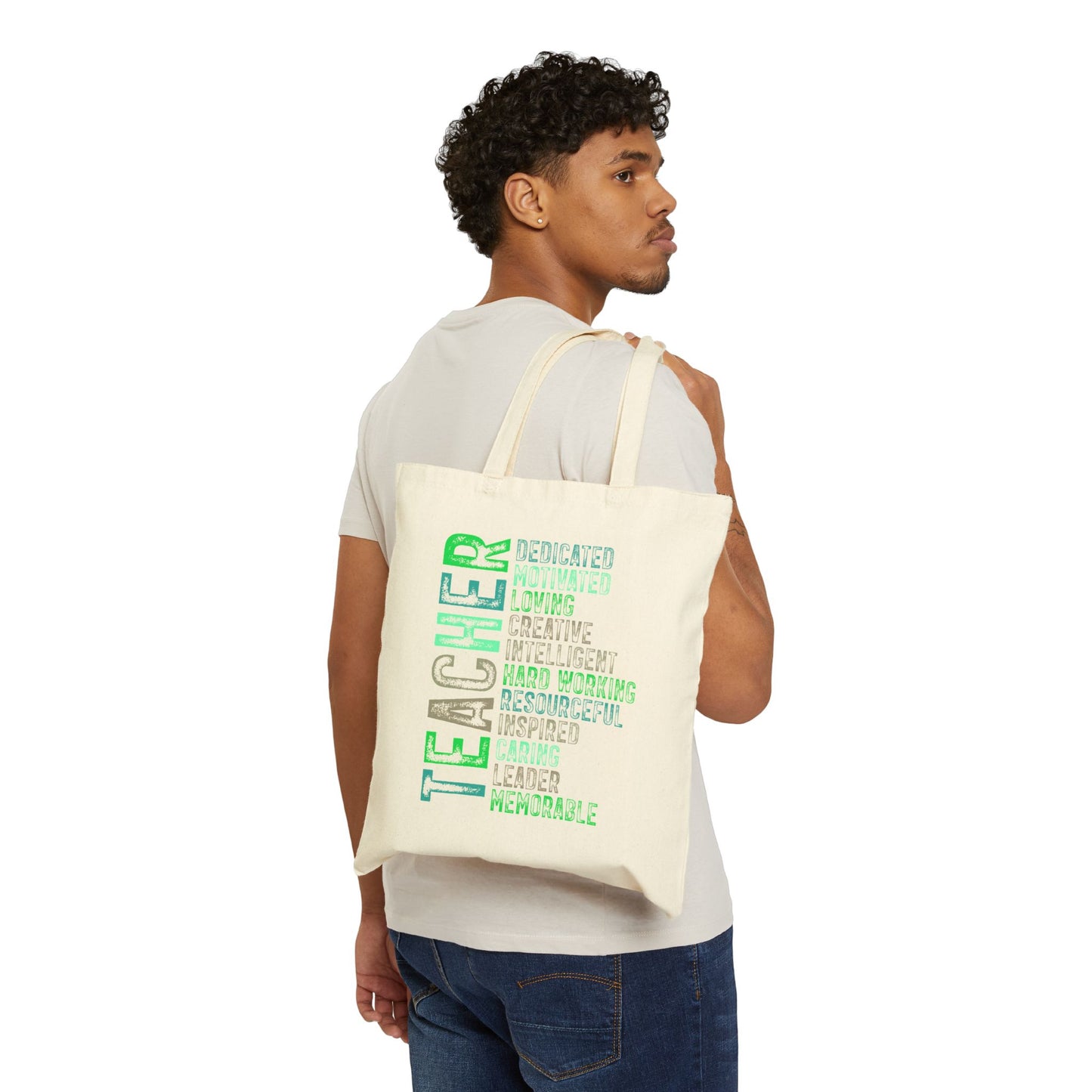 Green Teacher Canvas Tote Bag — Inspirational Teacher Gifts, Dedicated & Hardworking Design