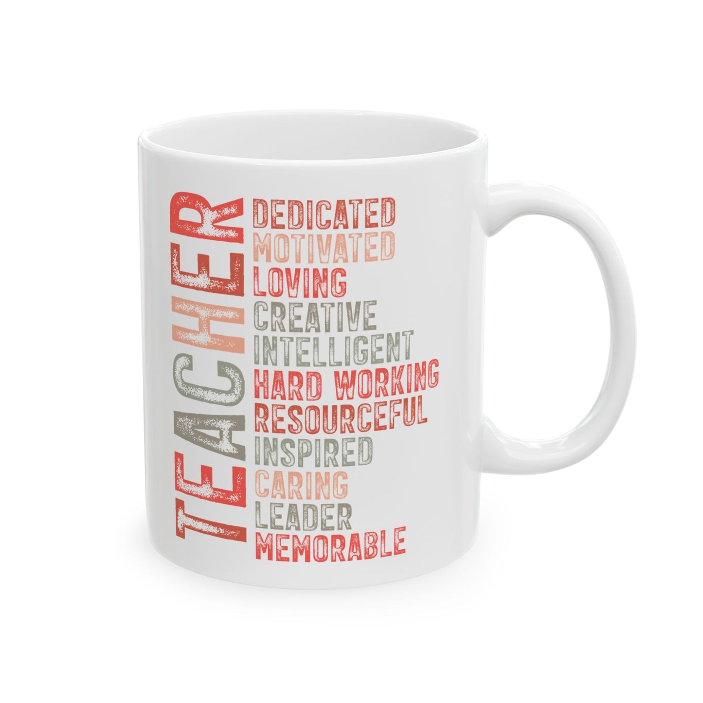 Red Teacher Ceramic Mug — "Teacher" Vertical Design, Appreciation Gift for Educators (11oz, 15oz)