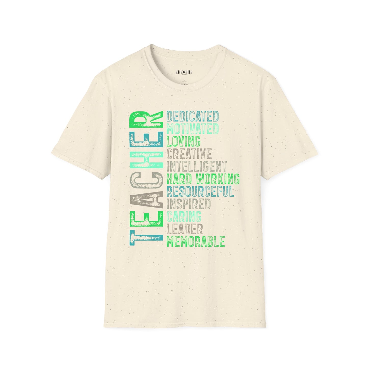Green Teacher Vertical Traits T-Shirt — 'Teacher' with Dedicated, Motivated, Loving & Hard Working