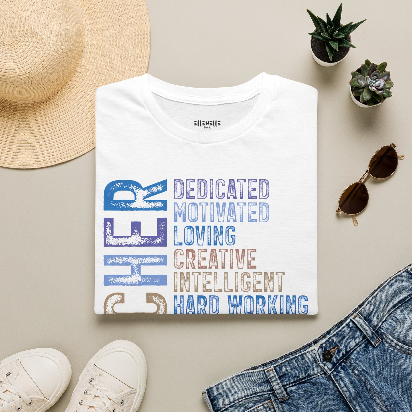 Blue Teacher Vertical Traits T-Shirt — 'Teacher' with Dedicated, Motivated, Loving & Hard Working