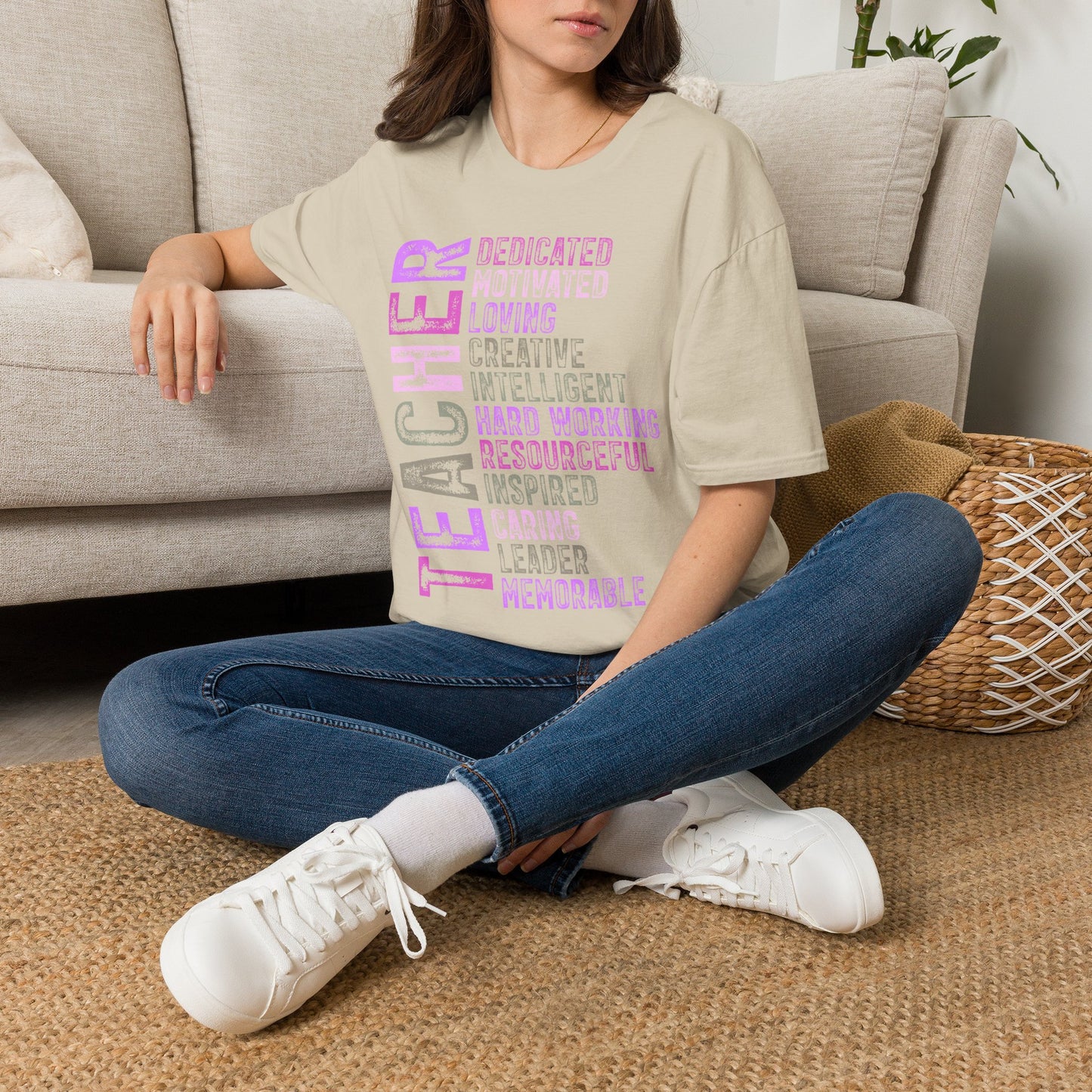 Purple Teacher Vertical Traits T-Shirt — 'Teacher' with Dedicated, Motivated, Loving & Hard Working