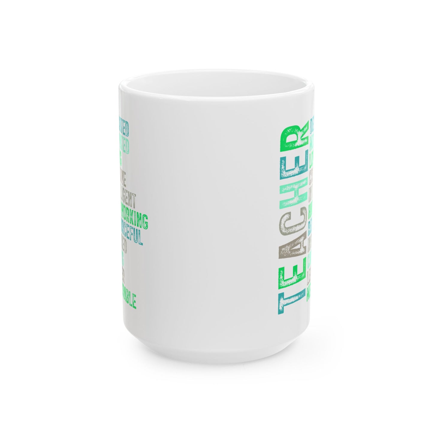 Green Teacher Ceramic Mug — "Teacher" Vertical Design, Appreciation Gift for Educators (11oz, 15oz)
