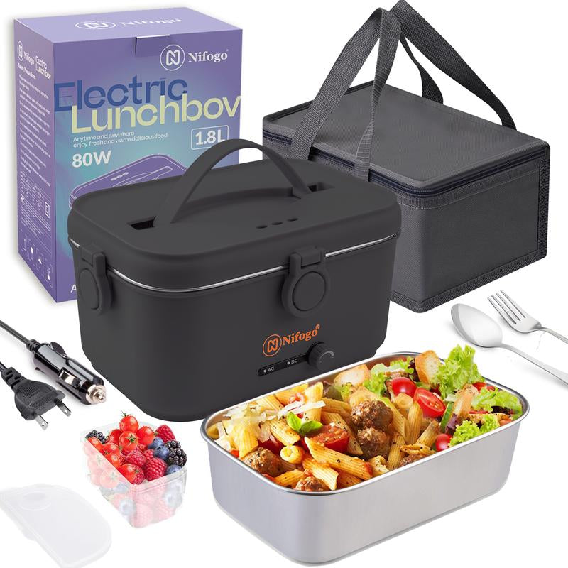 Electric Lunch Box 80W 1.5L Stainless Steel Bento Warmer with Indicator Light & Portable Tableware Set for Home Office Travel Food Quick Storage Fork 80W/1.5L/Black