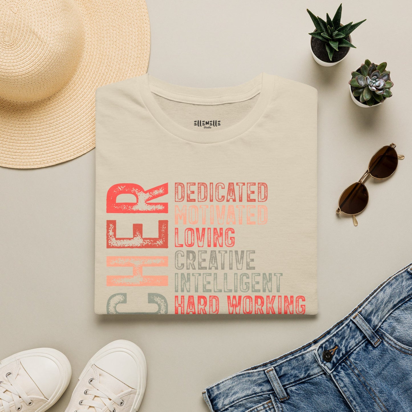 Red Teacher Vertical Traits T-Shirt — 'Teacher' with Dedicated, Motivated, Loving & Hard Working