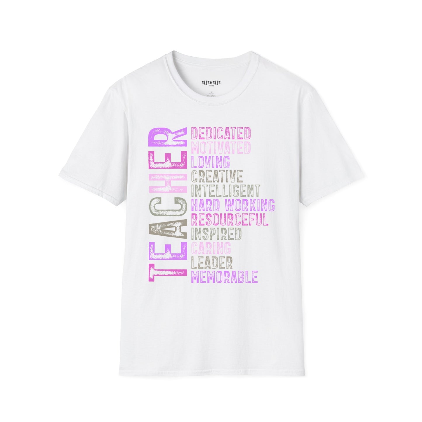 Purple Teacher Vertical Traits T-Shirt — 'Teacher' with Dedicated, Motivated, Loving & Hard Working