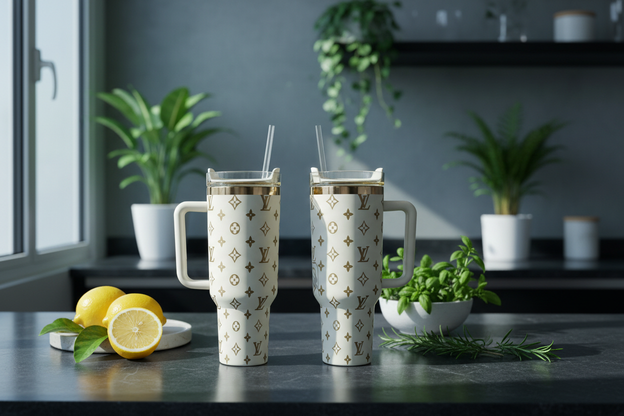 40oz Creme & Gold Laser Engraved Stainless Steel Tumbler