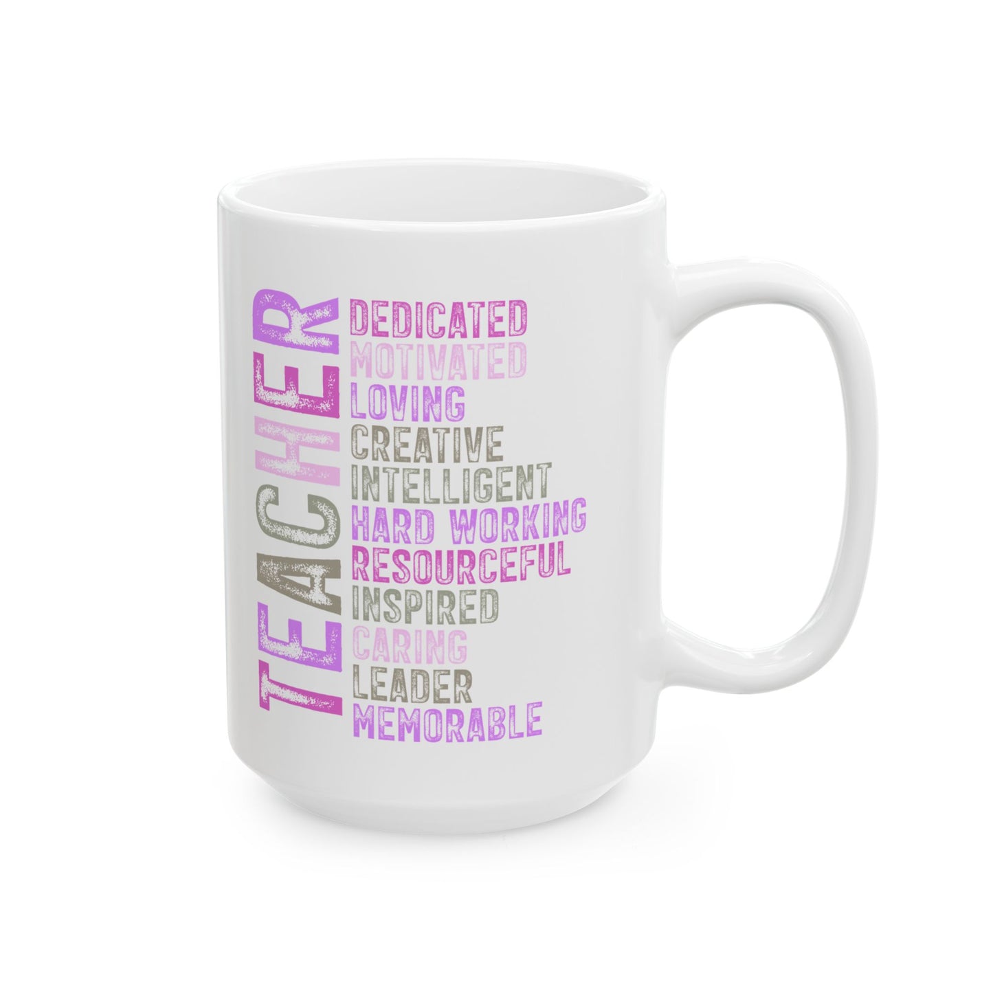 Purple Teacher Ceramic Mug — "Teacher" Vertical Design, Appreciation Gift for Educators (11oz, 15oz)