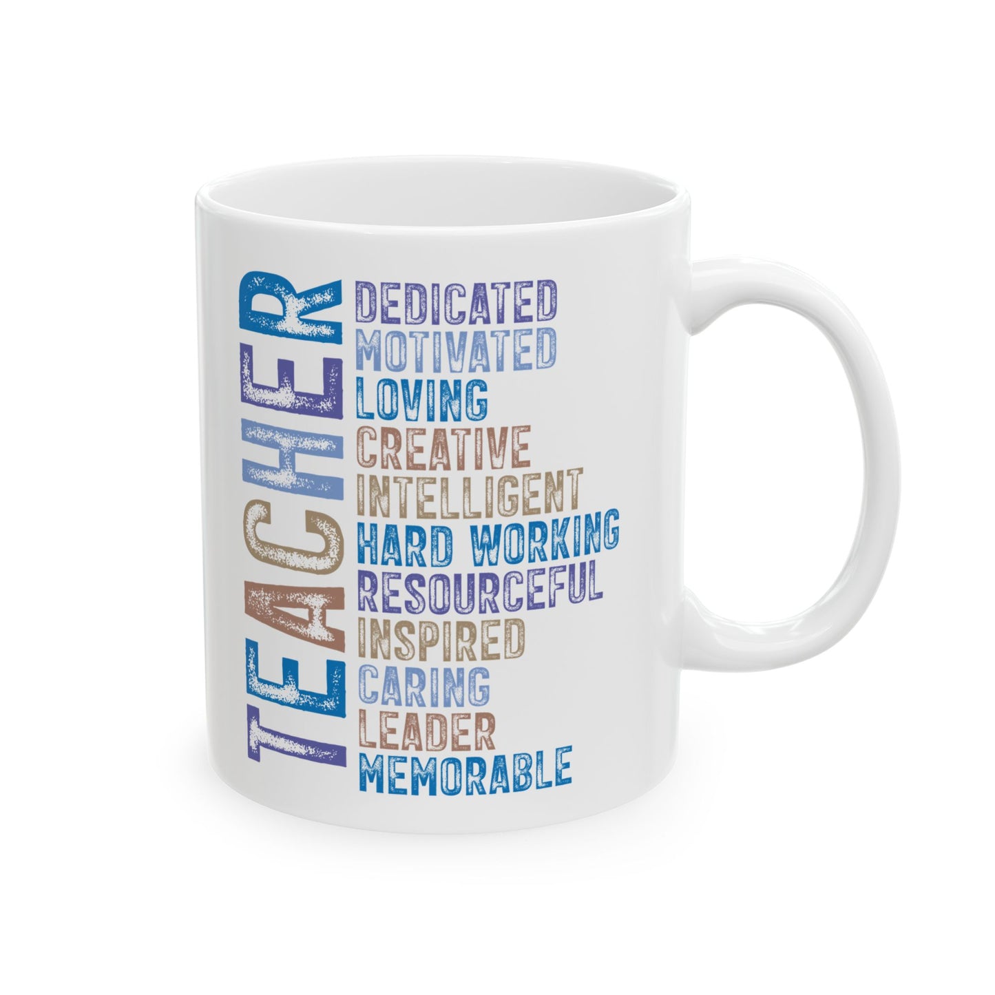 Blue Teacher Ceramic Mug — "Teacher" Vertical Design, Appreciation Gift for Educators (11oz, 15oz)
