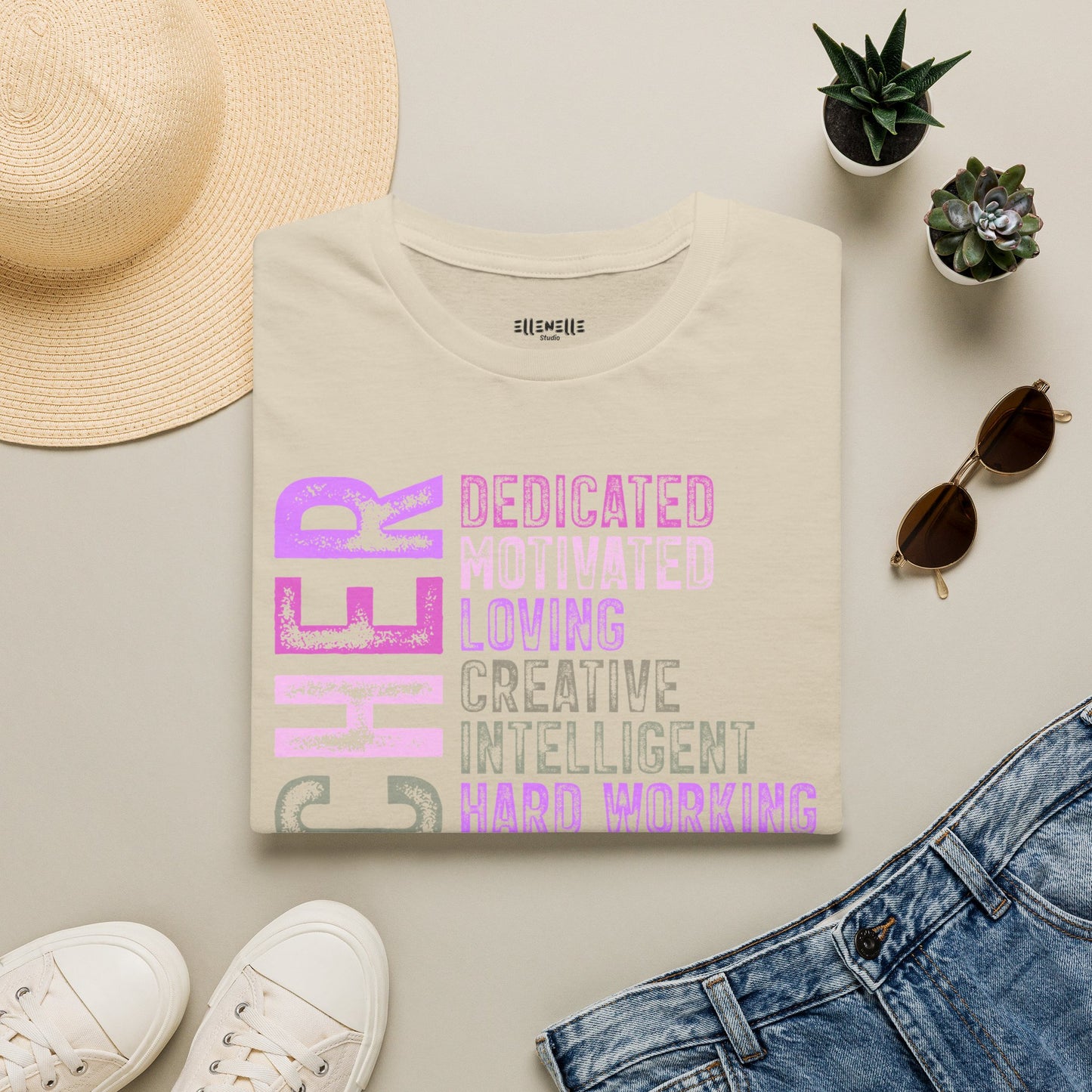 Purple Teacher Vertical Traits T-Shirt — 'Teacher' with Dedicated, Motivated, Loving & Hard Working