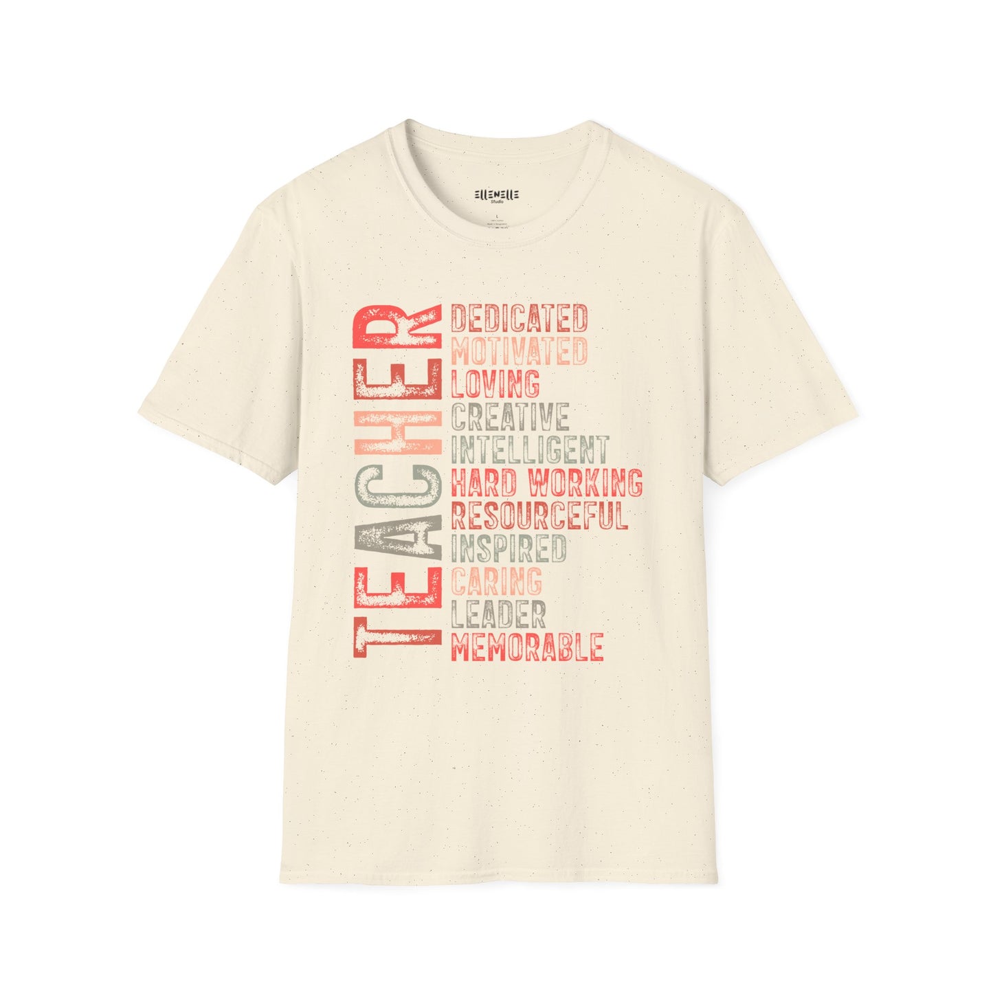 Red Teacher Vertical Traits T-Shirt — 'Teacher' with Dedicated, Motivated, Loving & Hard Working