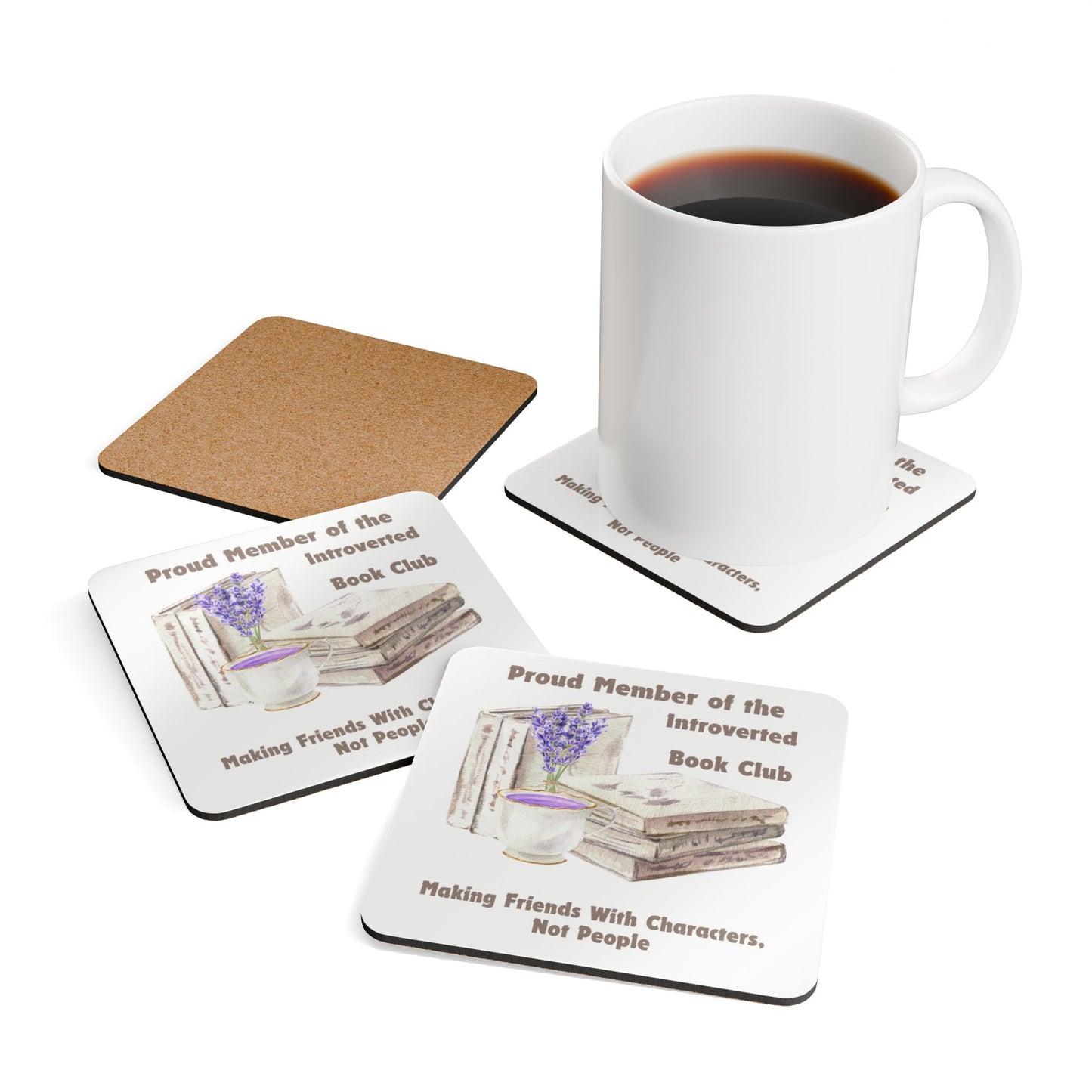 Introverted Book Club Cork Coaster Set | Perfect Gift for Book Lovers, Home Decor, Reading Nook, Cozy Vibes, Coffee Table Accessory