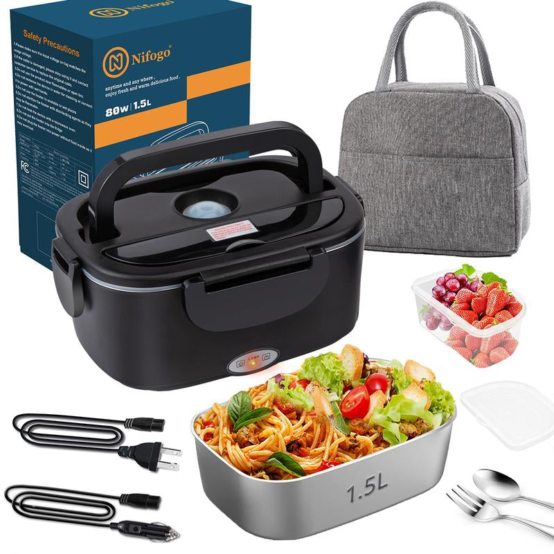 Electric Lunch Box 80W 1.5L Stainless Steel Bento Warmer with Indicator Light & Portable Tableware Set for Home Office Travel Food Quick Storage Fork 80W/1.5L/Black
