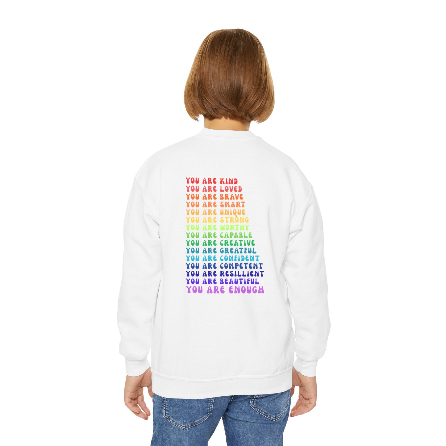 Colorful You Are Enough Empowering Youth Crewneck Sweatshirt, Inspirational Apparel, Affirmation Gift, Motivational Sweatshirt, Positive Vibes Clothing
